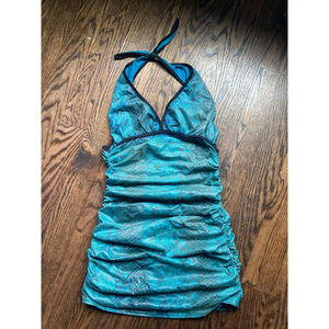 Women's Coquette Swimsuit Teal Snake Print Halter style ruched dress